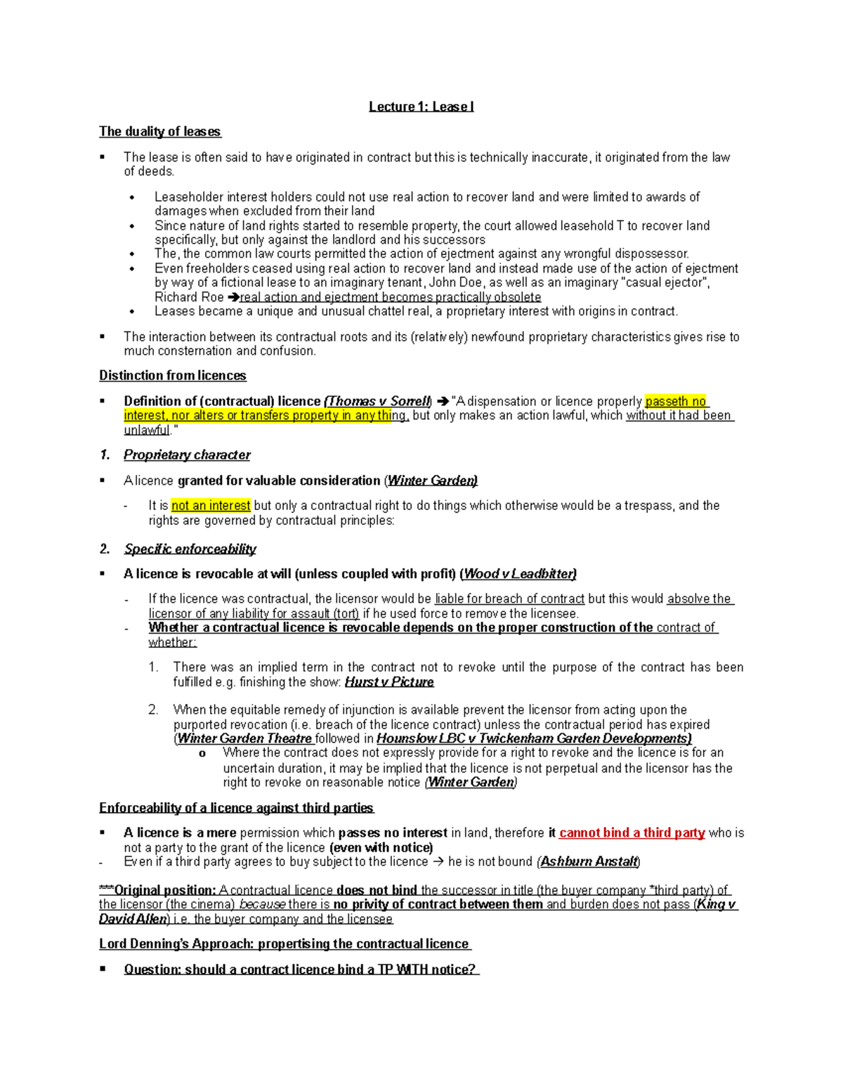 Lecture 1: Lease I - Understanding Leases and Licences in Law - Studocu