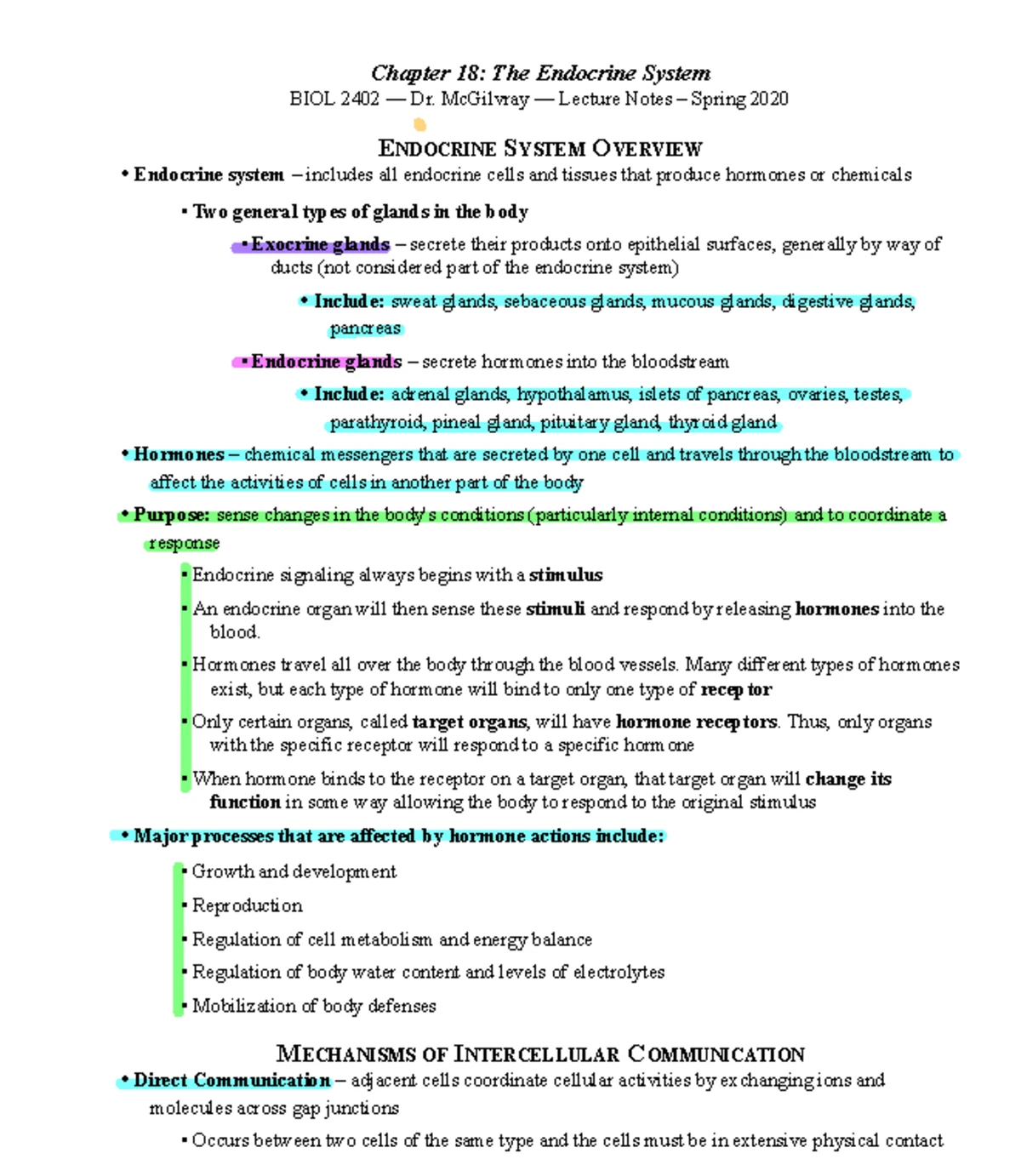 BIOL 2402: Lecture Notes on the Endocrine System - Spring 2020 - Studocu