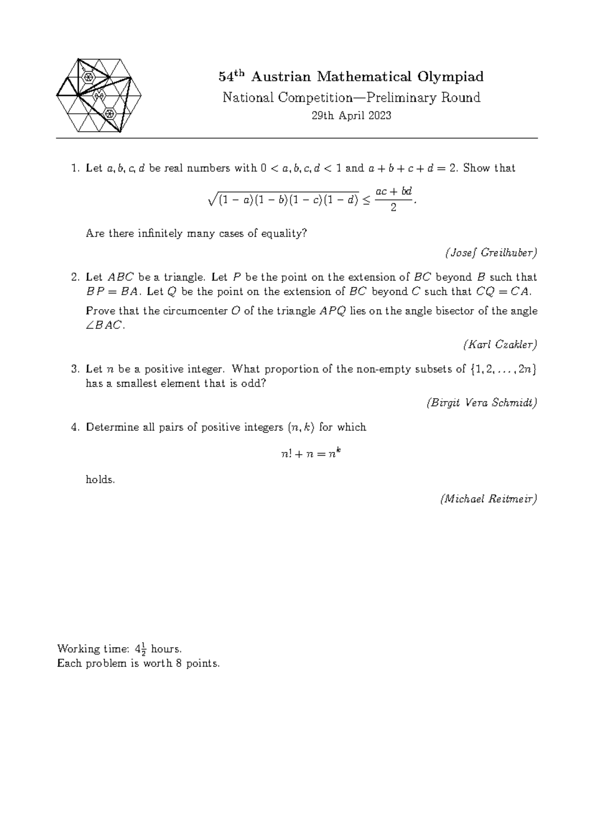 54th Austrian Mathematical Olympiad 2023: National Round Problems - Studocu