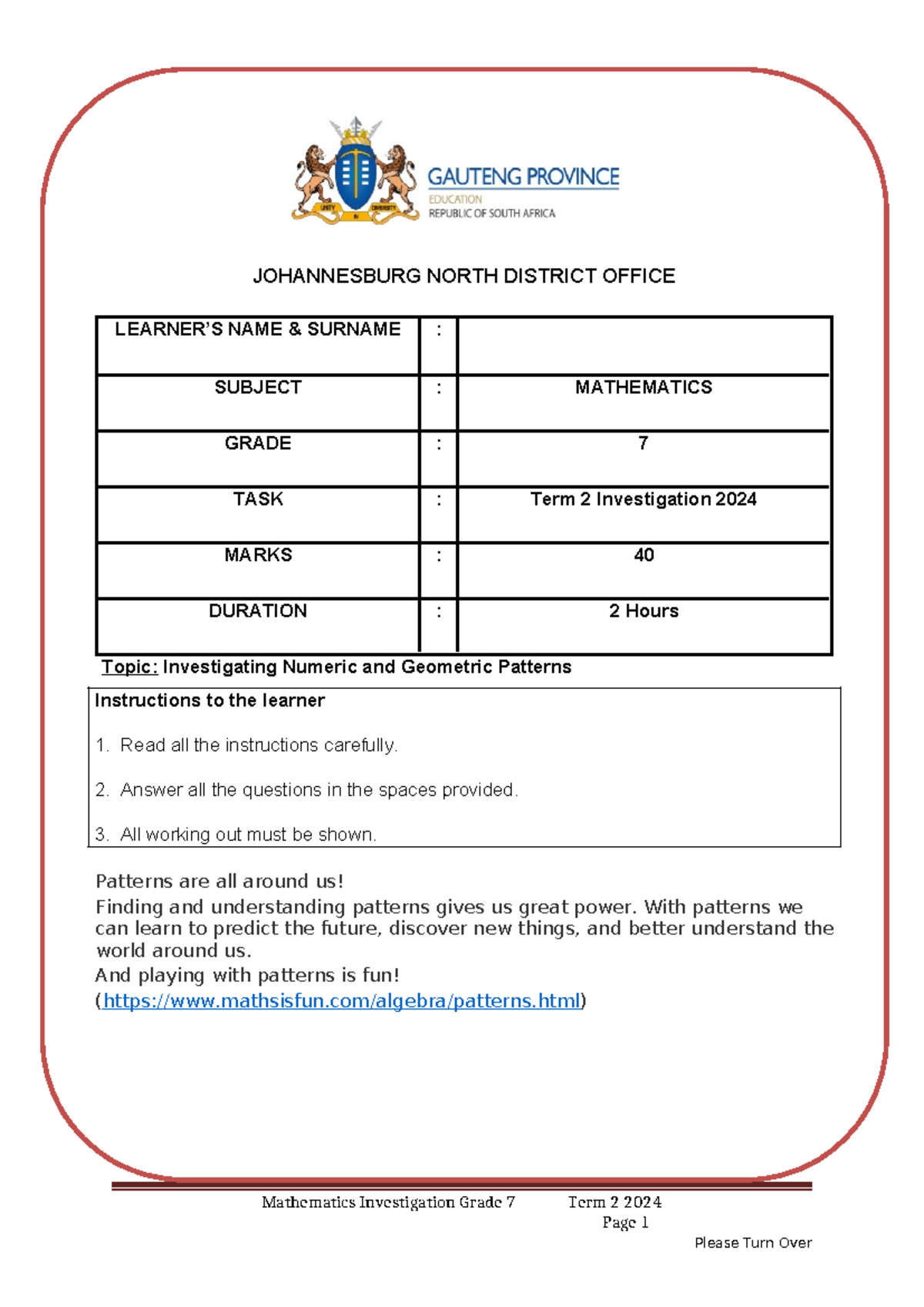 Mathematics Grade 7 Term 2 Investigation: Patterns Exploration 2024 ...
