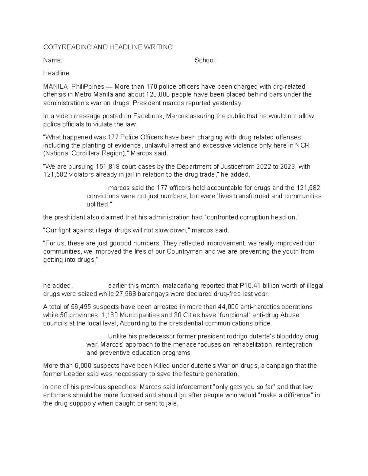 Copyreading AND Headline Writing activities - COPYREADING AND HEADLINE ...