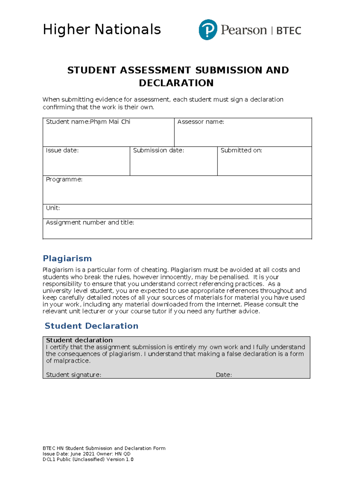 BTEC HN Assignment Declaration & Plagiarism Guidelines - Studocu