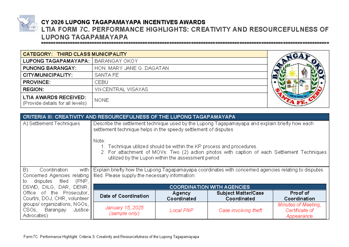 CY 2026 LTIA Form 7C: Performance Highlights of Lupong Tagapamayapa ...