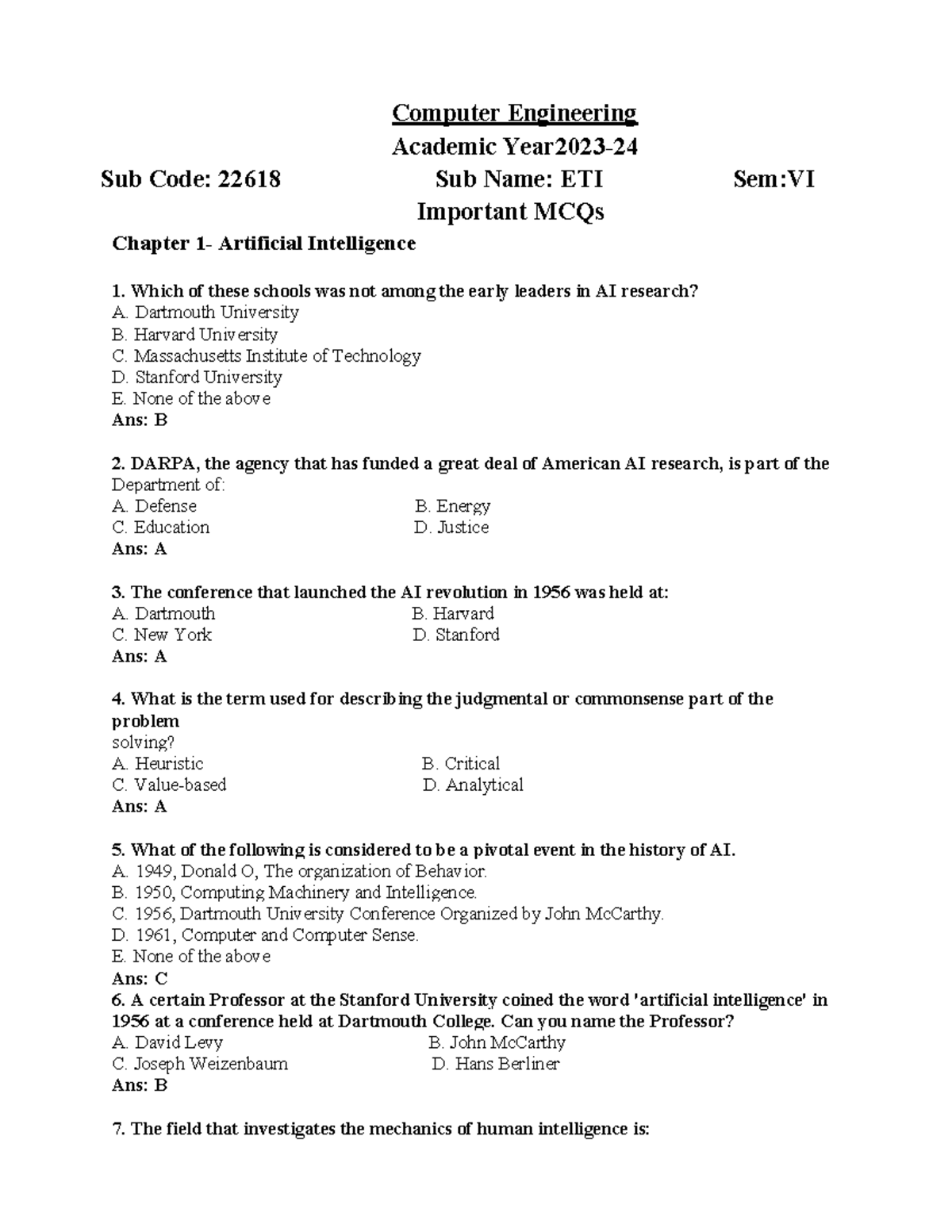 688774343 ETI Unit I Important MCQs on Artificial Intelligence - Studocu
