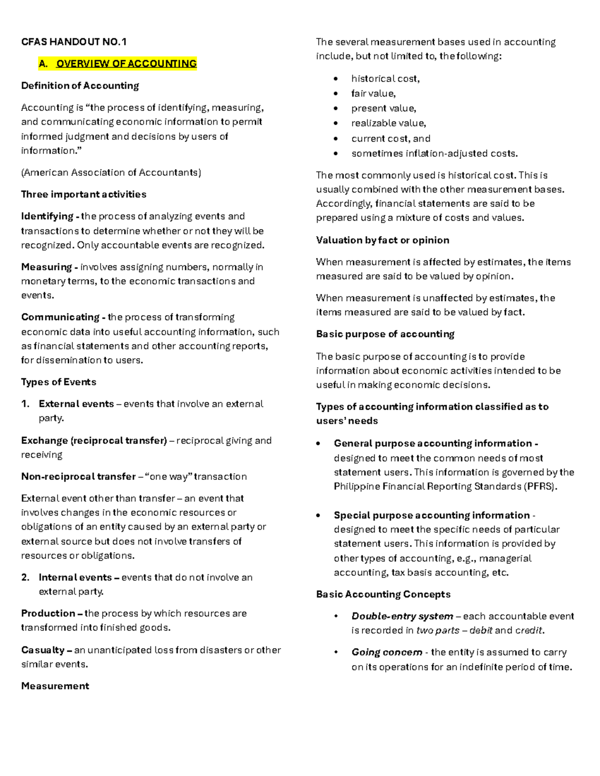 CFAS Handout No. 1: Overview of Accounting Principles and Concepts ...