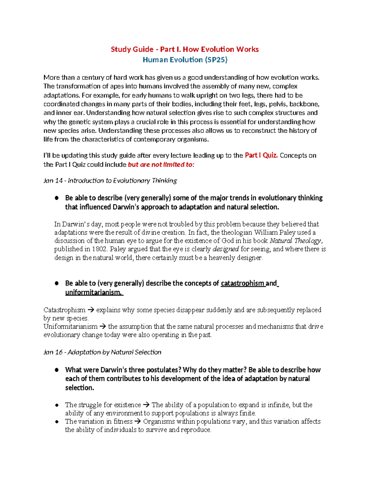 Quiz 1 Study Guide (Hum Evo) - Study Guide - Part I. How Evolution ...