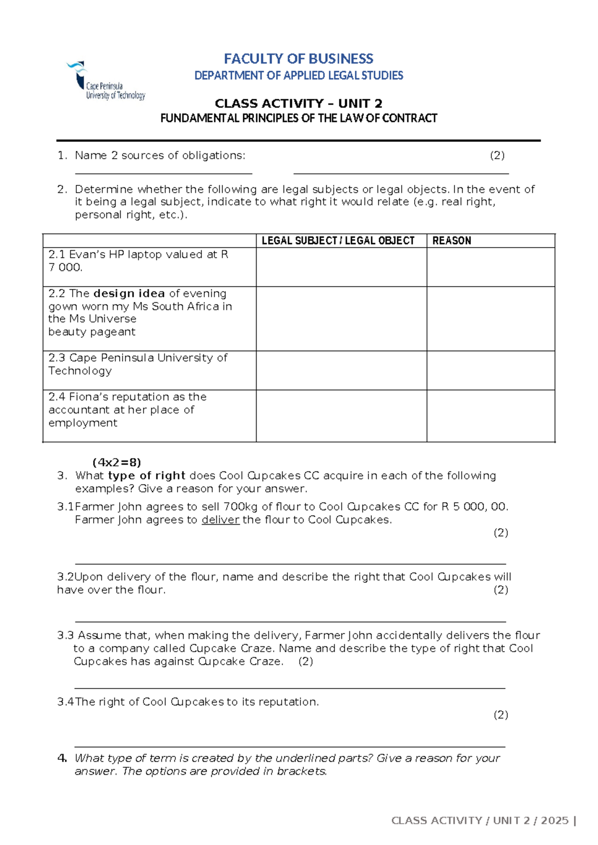 Class Activity Unit 2 2025: Fundamental Principles of Contract Law ...
