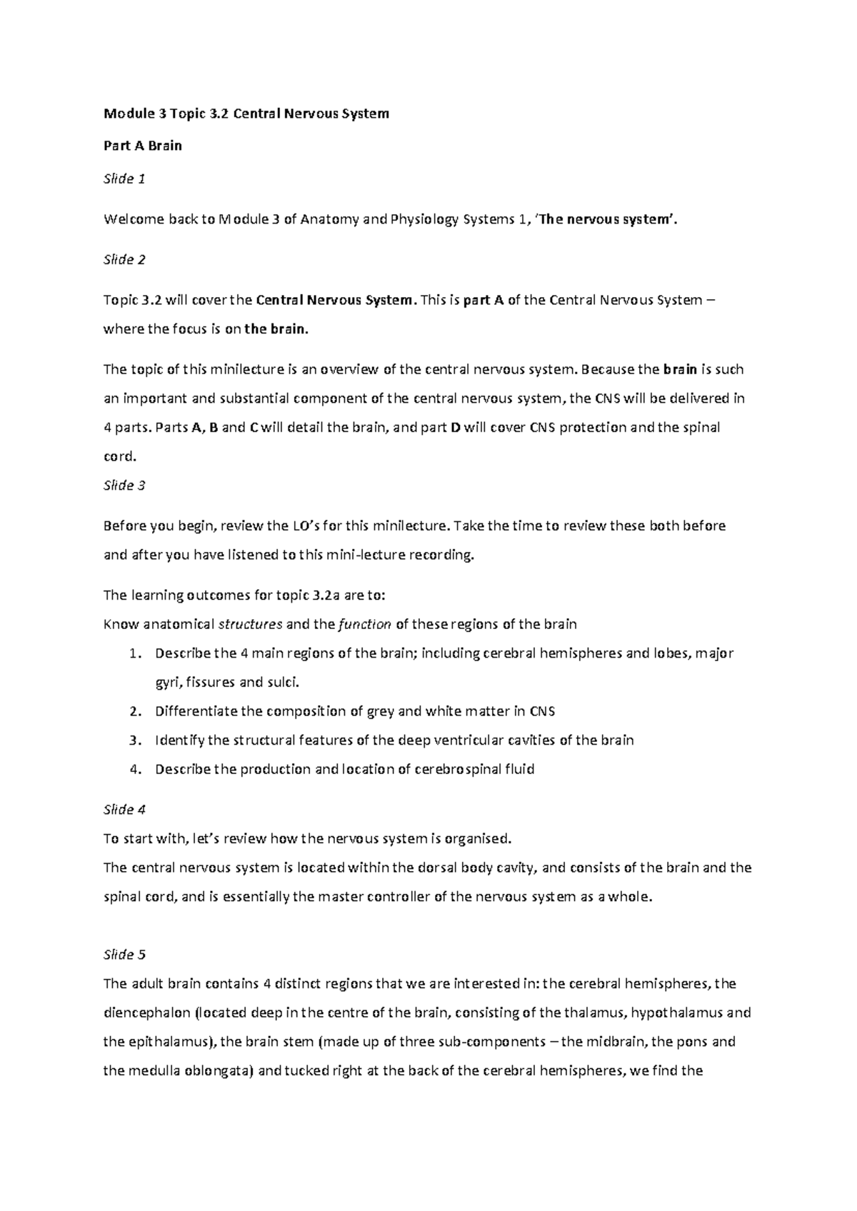 A&P Module 3.2: Overview of the Central Nervous System - Part A - Studocu