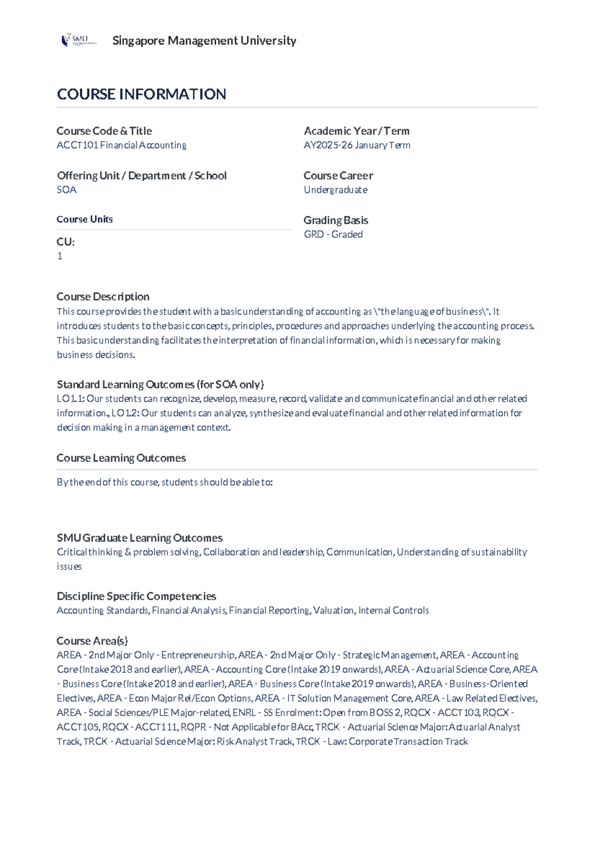 ACCT101 Financial Accounting Course Outline - January Term - Studocu