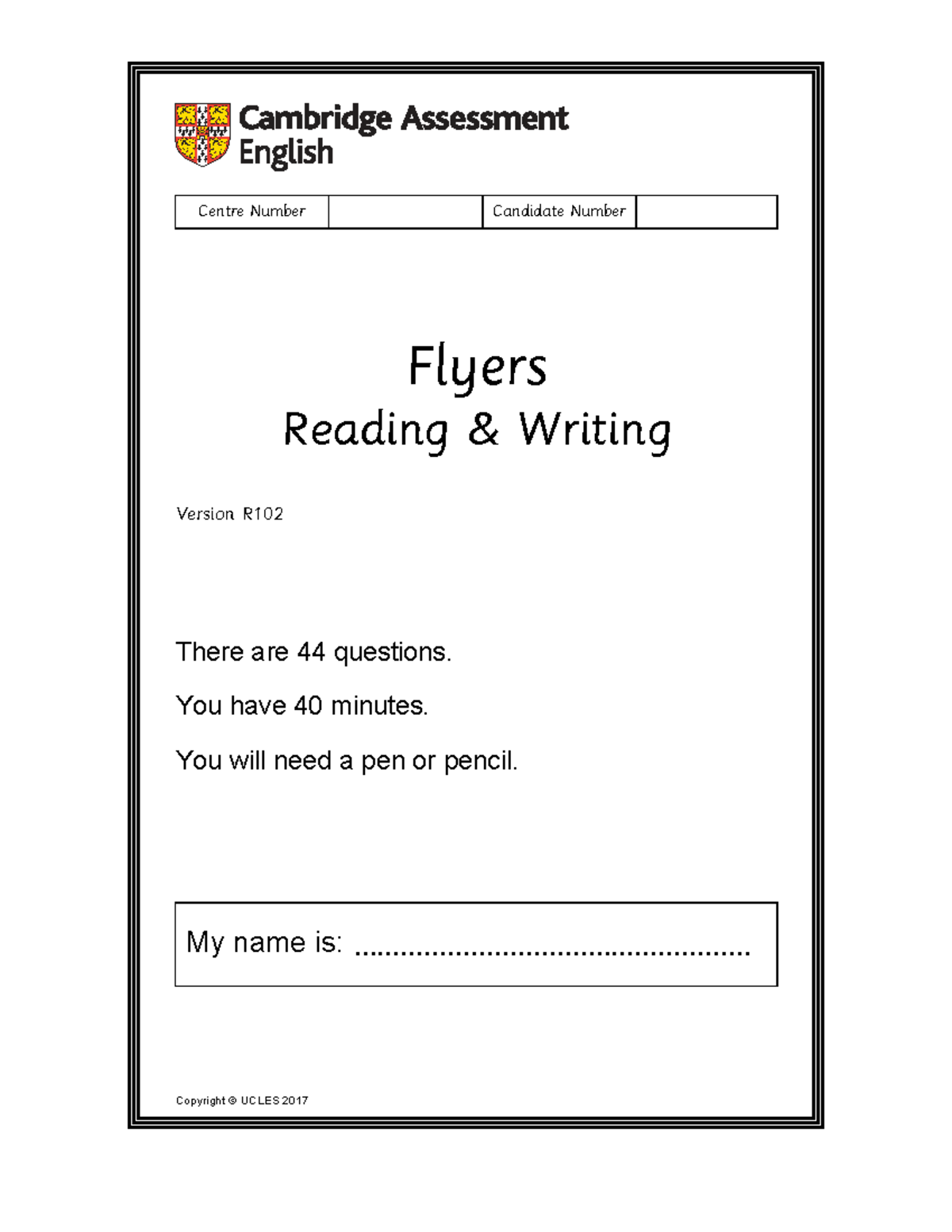 Flyers Reading & Writing Question Paper R102 - Studocu