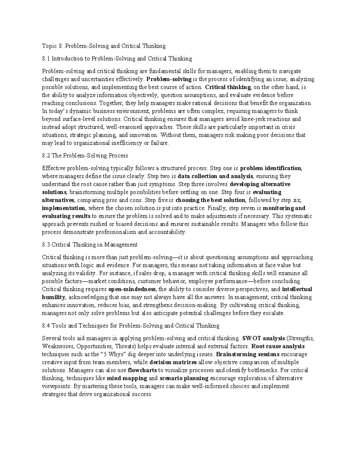 Problem-Solving and Critical Thinking in Management: Topic 8 Insights ...