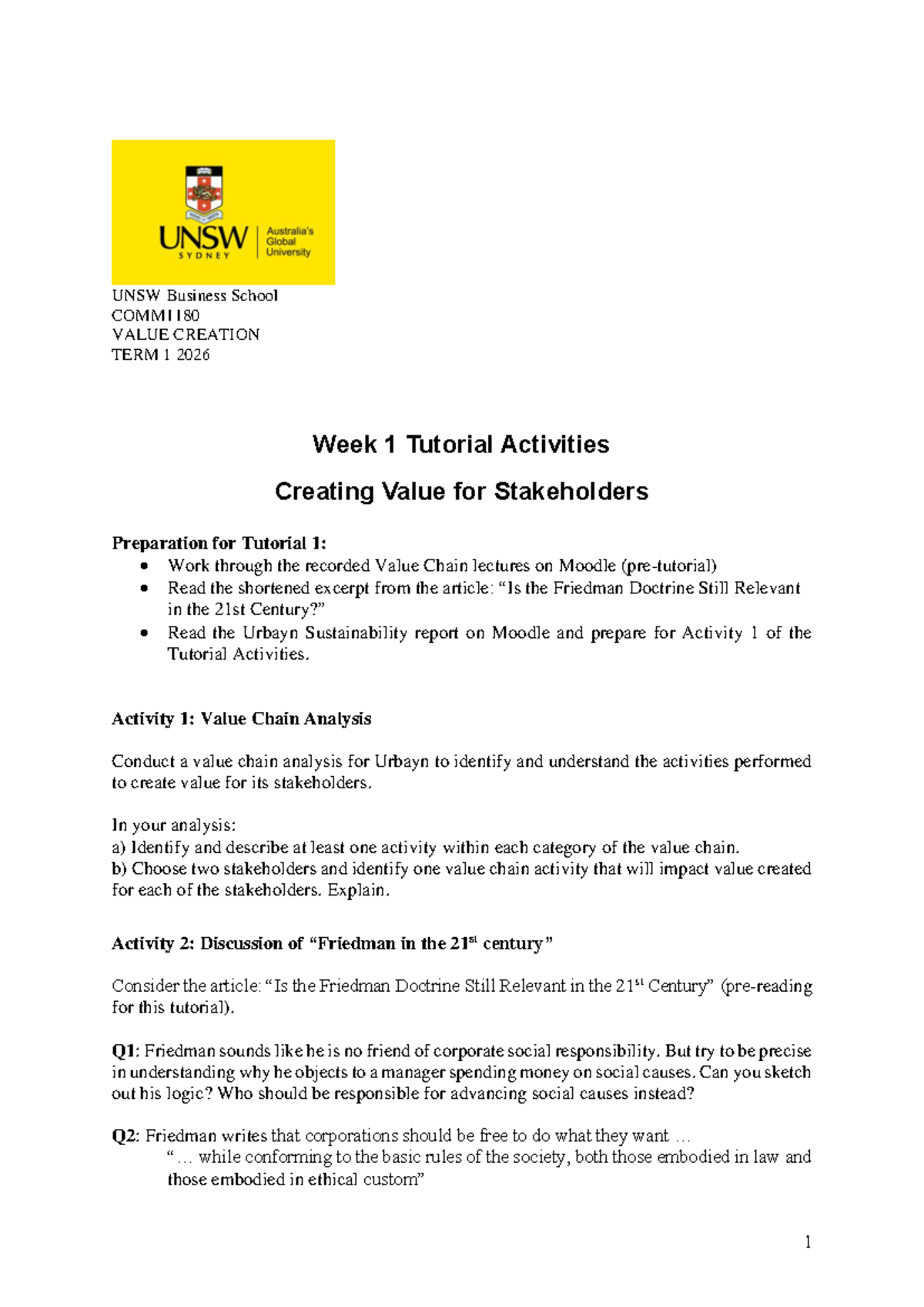 COMM1180 2026T1 Week 1 Tutorial: Value Creation Activities - Studocu