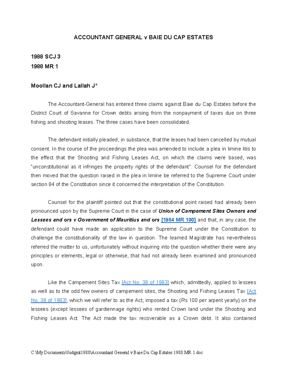 ACCOUNTANT GENERAL v BAIE DU CAP ESTATES 1988 SCJ 3: Legal Analysis ...