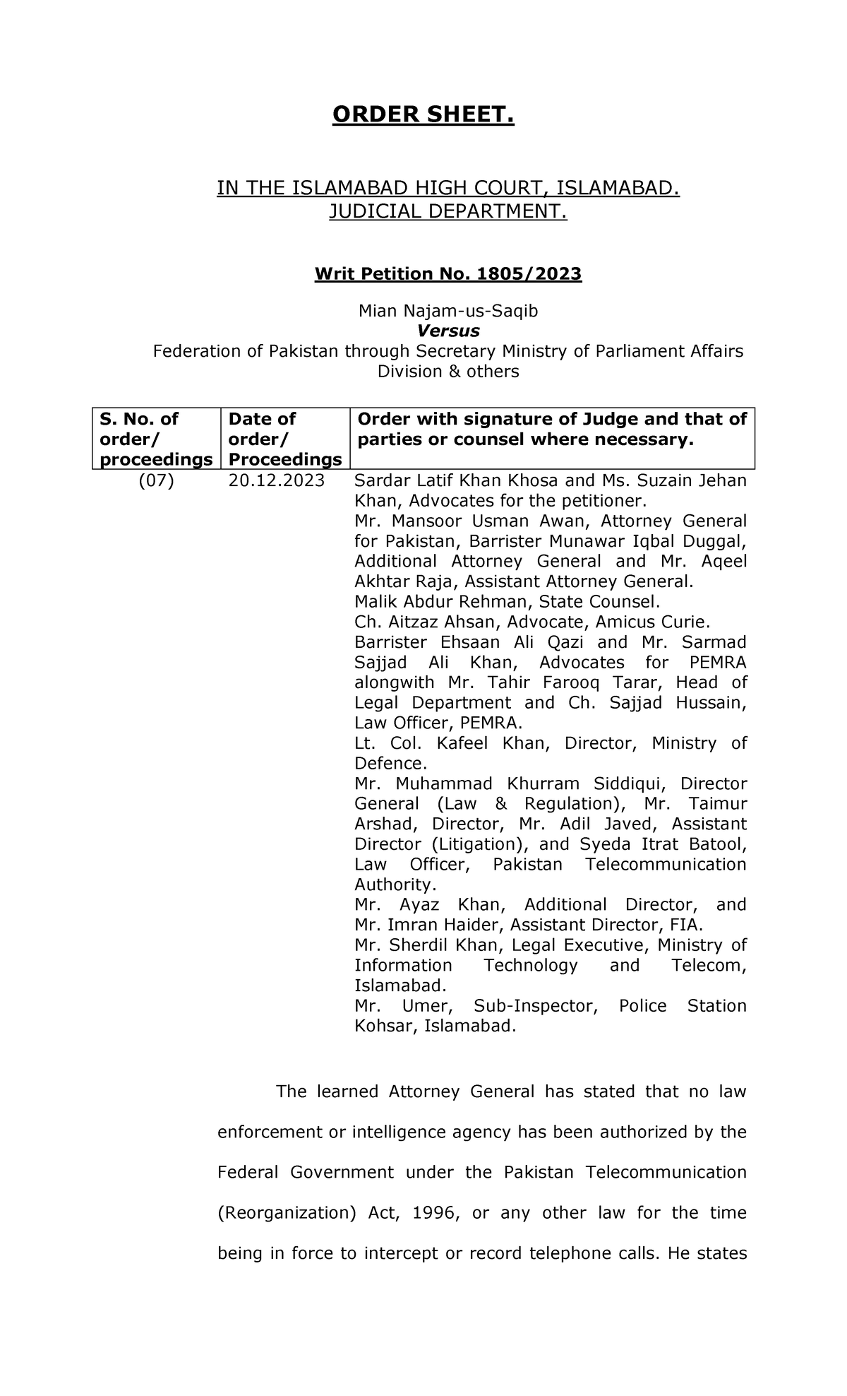 Writ Petition No. - Order Sheet in Islamabad High Court Proceedings ...