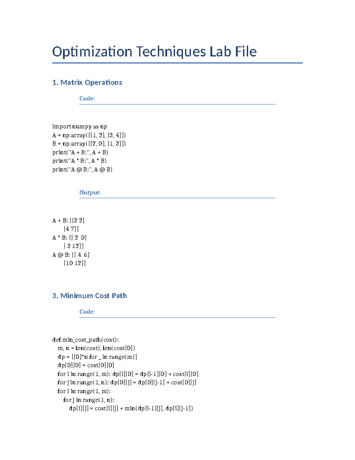 Optimization Techniques Lab File 1: Matrix Ops & Algorithms - Studocu