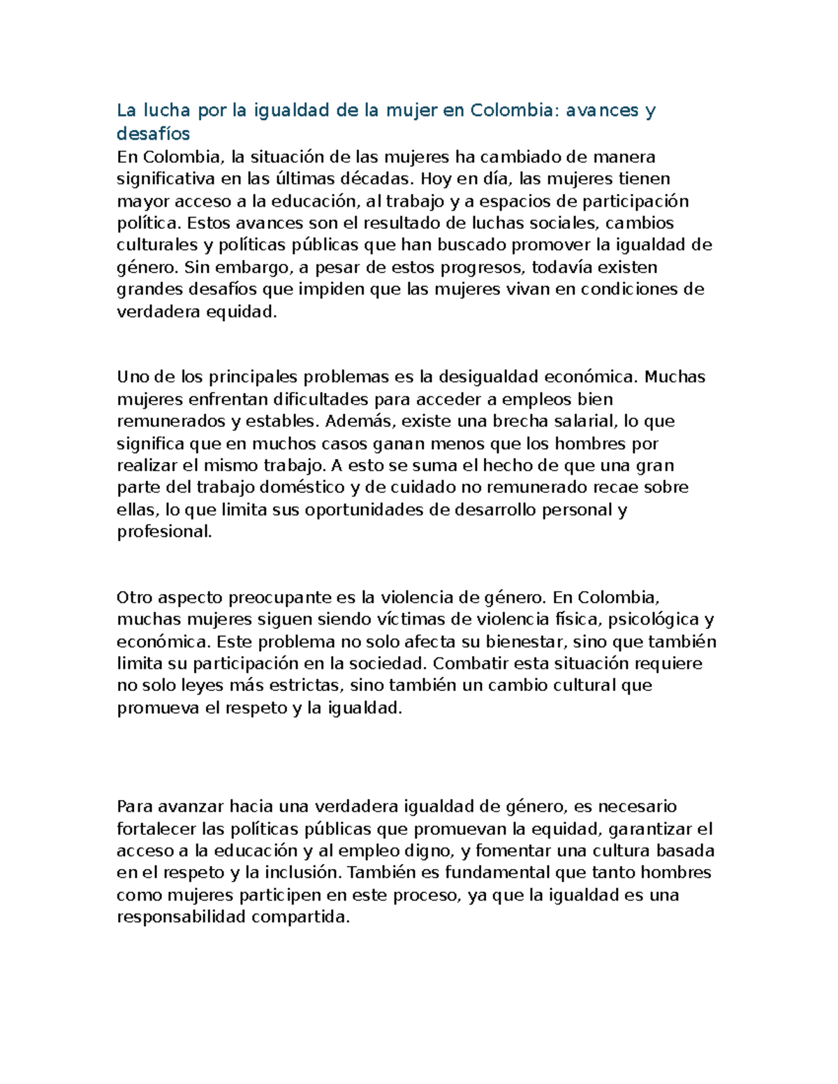Avances y Desafíos en la Igualdad de Género en Colombia - Studocu
