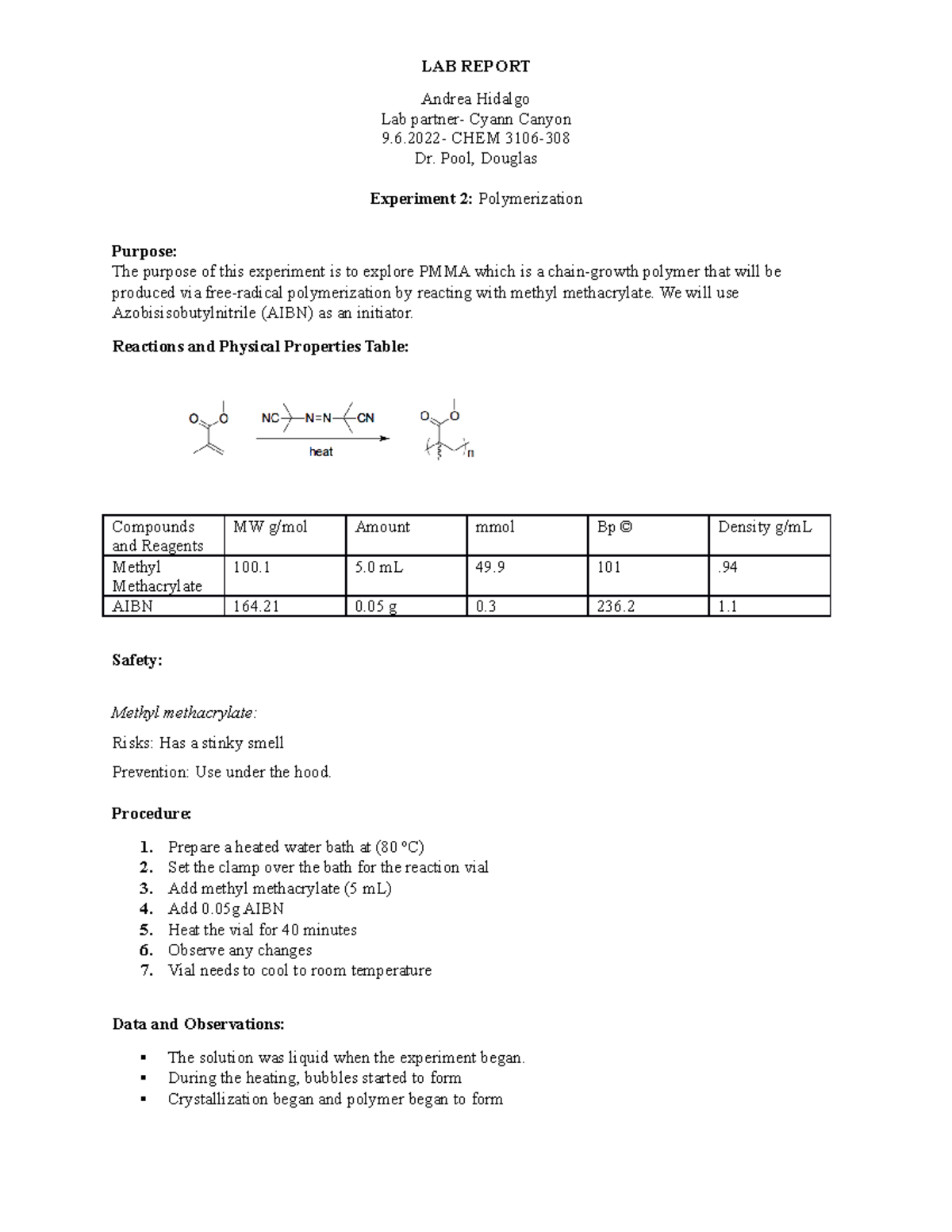 Ochem II- exp 2 - LAB REPORT Andrea Hidalgo Lab partner- Cyann Canyon 9 ...