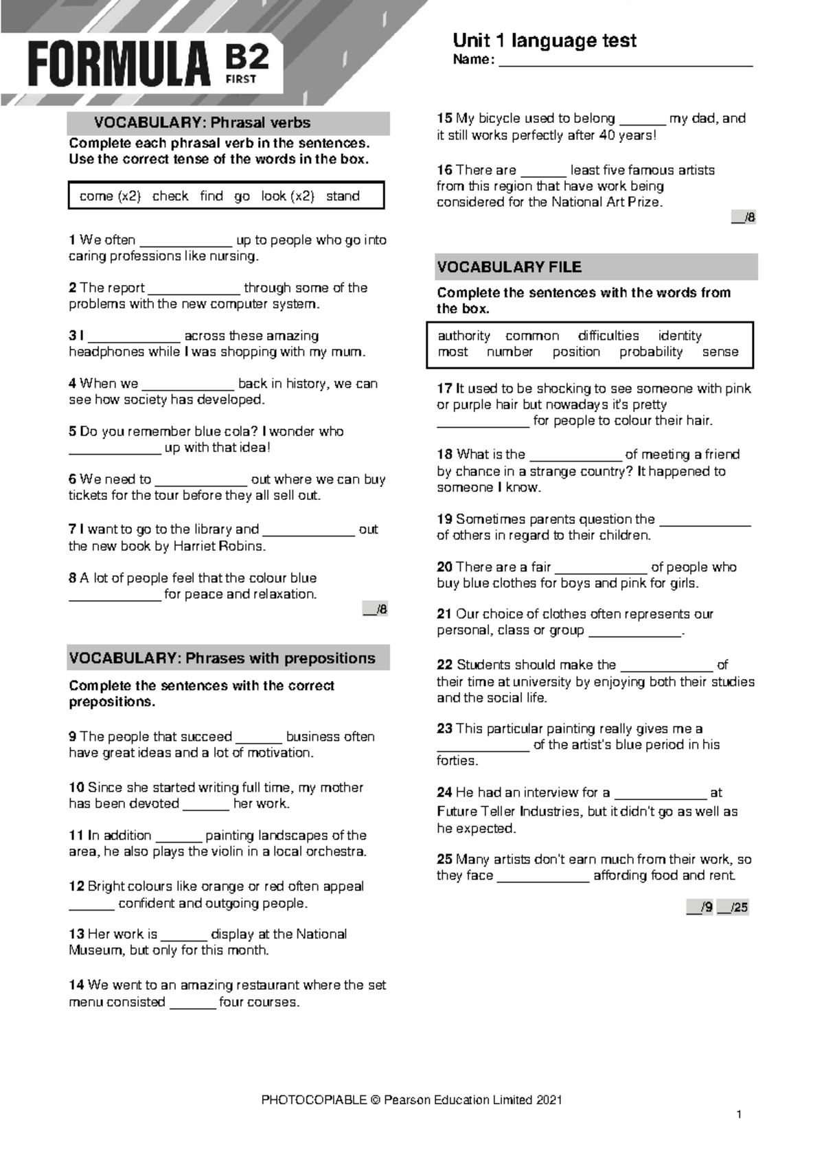 B2 Unit 1 Vocabulary Test: Phrasal Verbs & Prepositions - Studocu