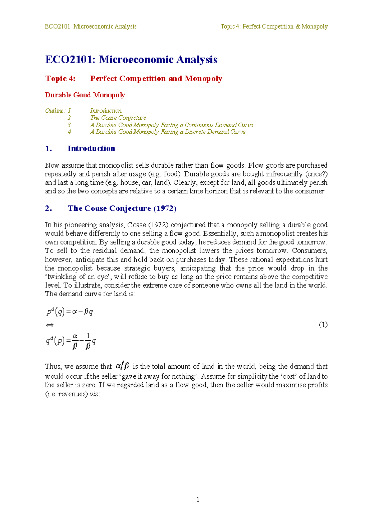 ECO2101: Microeconomic Analysis - Durable Good Monopoly Overview - Studocu