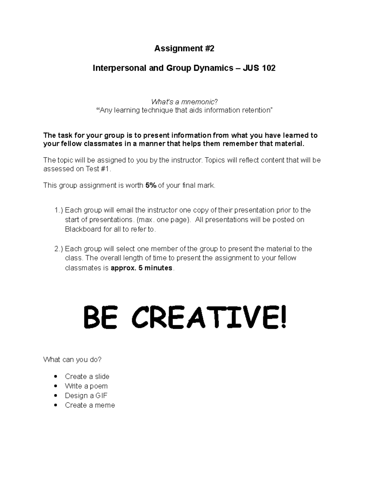 Assignment #2 - Mnemonic Techniques in Interpersonal Dynamics JUS 102 ...