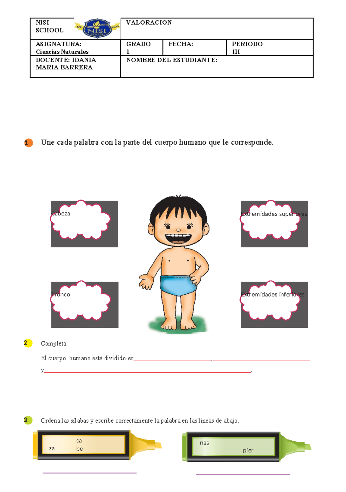 Evaluacion ciencias naturales primero - Une cada palabra con la parte ...