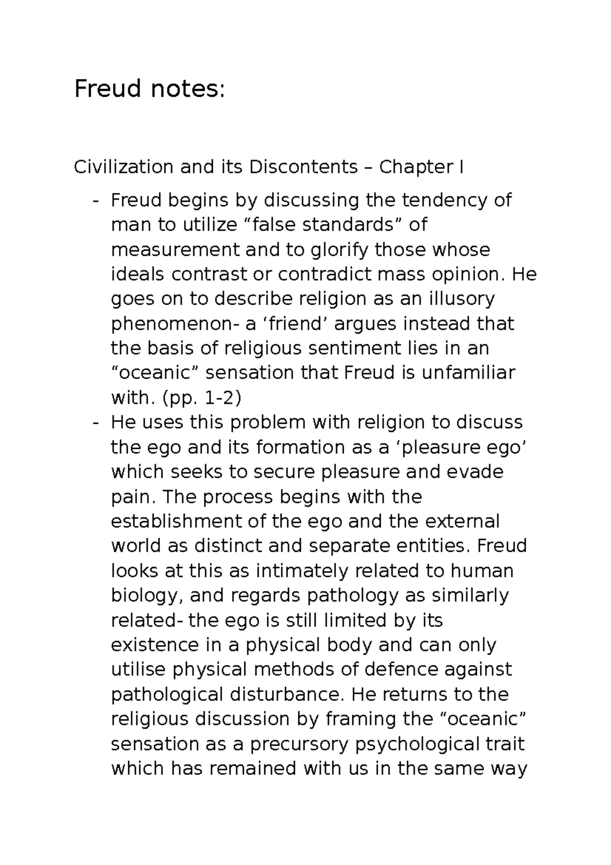 C&ID Freud Notes Summary of Chapters 12 on Discontent in