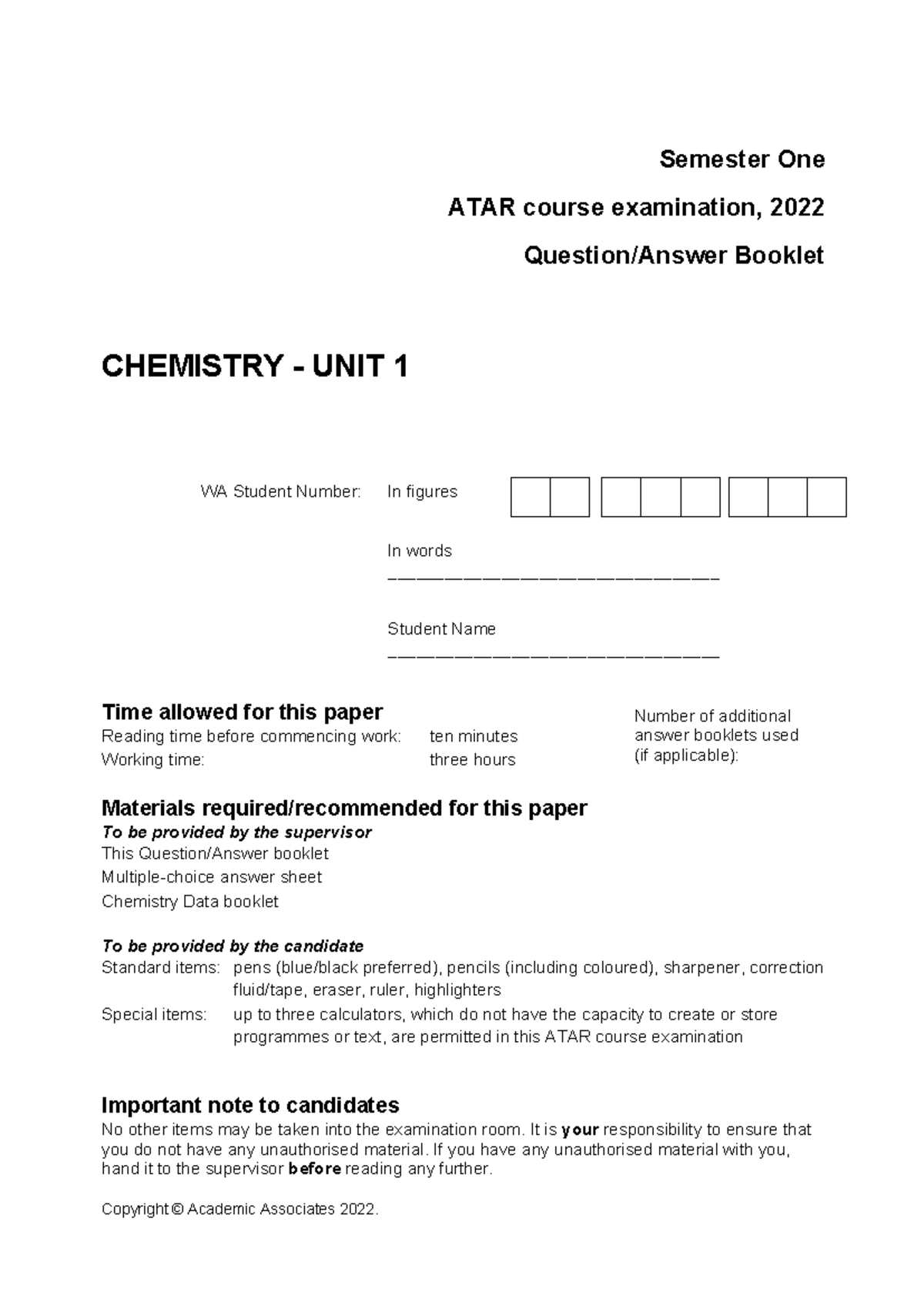 2022 Semester 1 ATAR Chemistry Unit 1 Exam Paper - Studocu