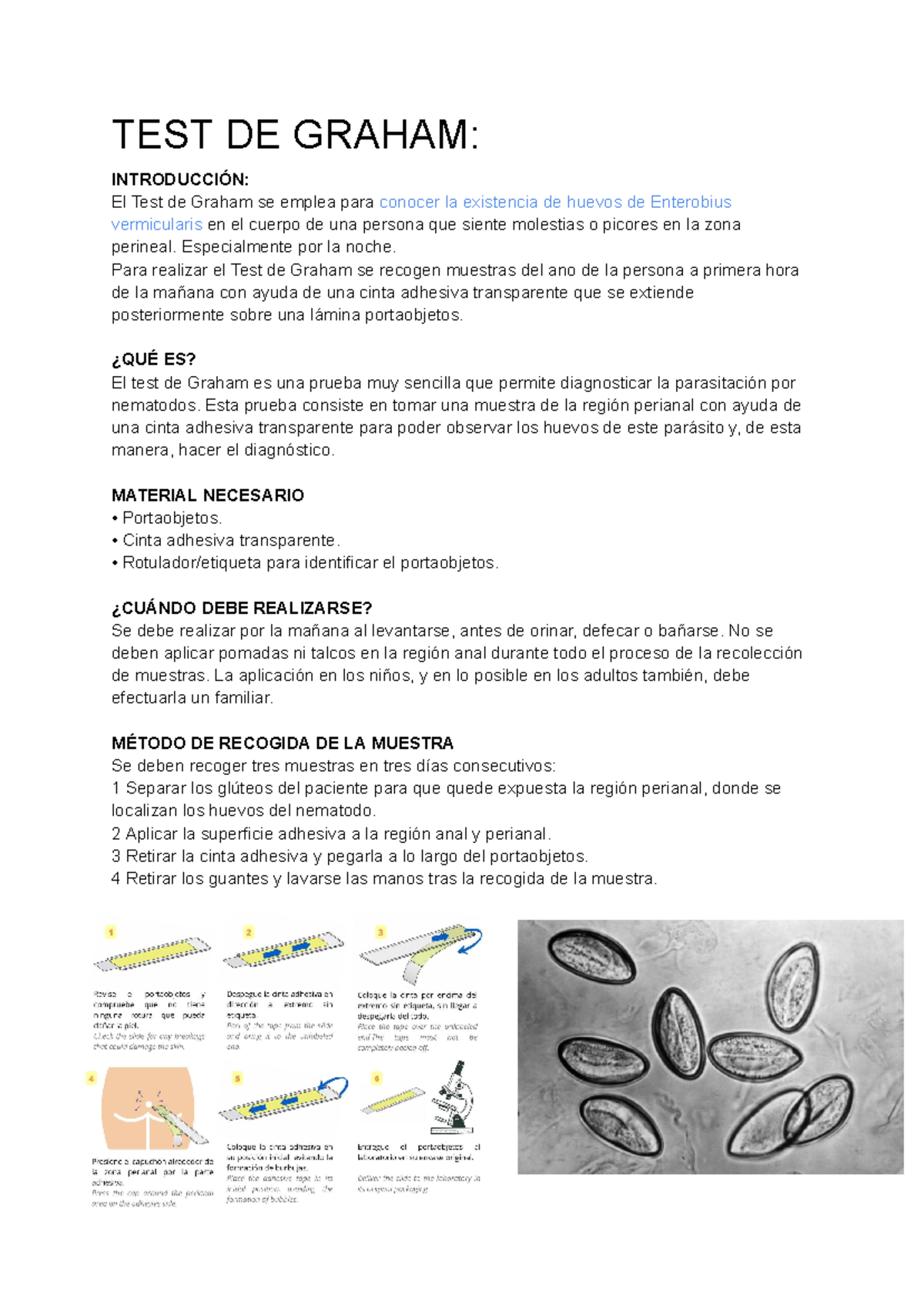 Muestras de Parasitología: Test de Graham y Método de Baermann - Studocu