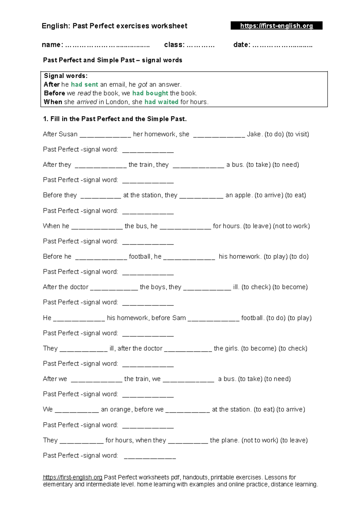 Past Perfect or Simple Past Exercises - English Worksheet - Studocu