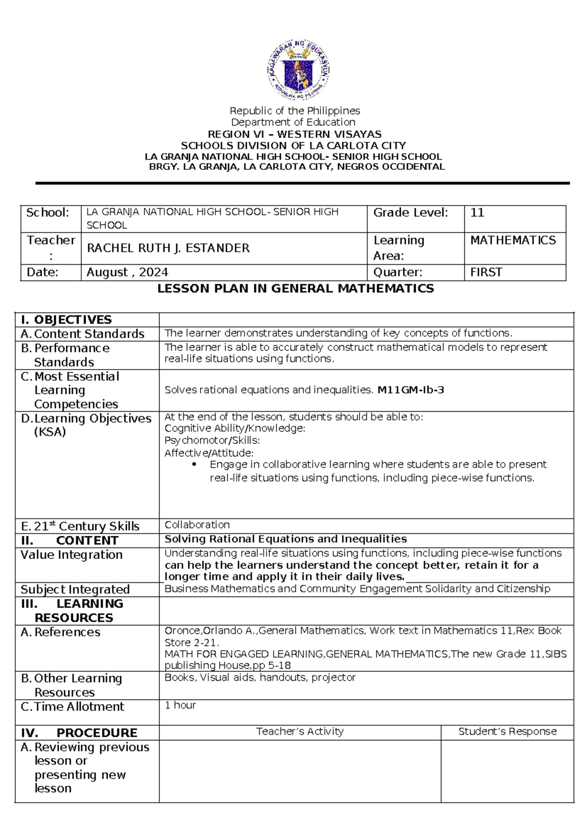 Lesson Plan in General Mathematics (Grade 11) - 1st Quarter - Studocu
