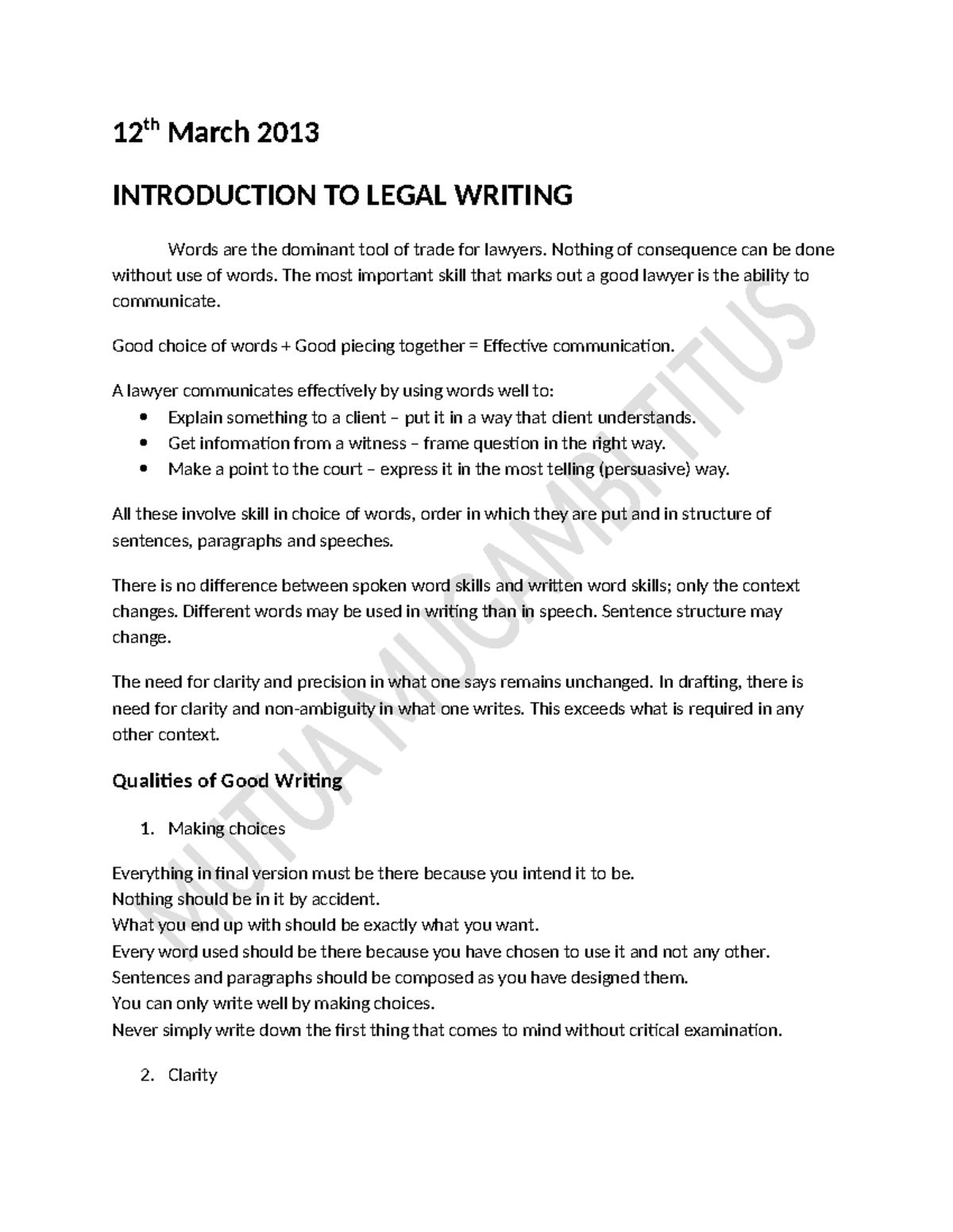 Legal Writing Class Notes (2013): Mastering Clarity and Precision - Studocu