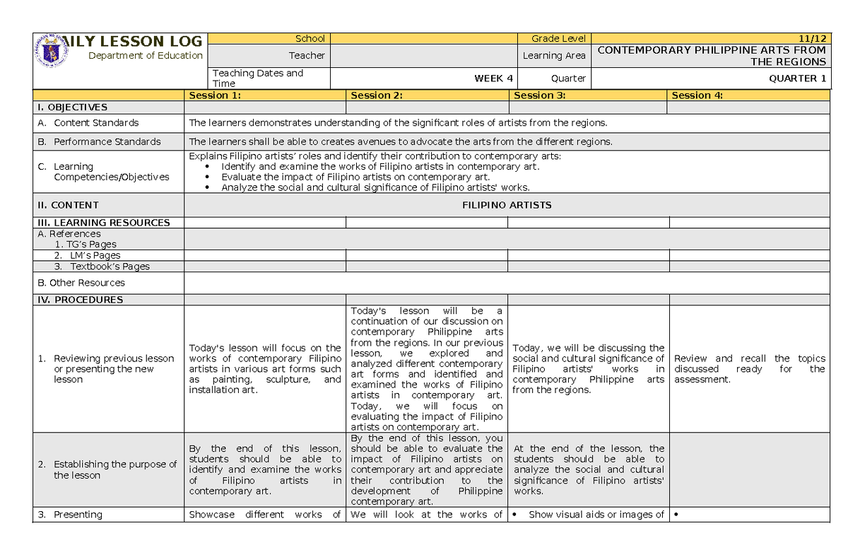 CPAR Q1 WEEK 4 - Contemporary Arts from the Regions Lesson Plan - Studocu