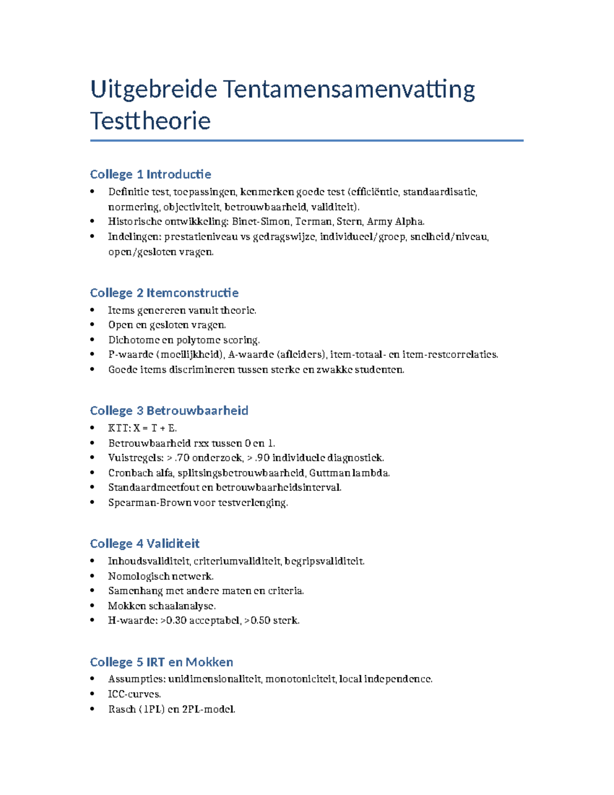 Tentamensamenvatting Testtheorie College 1-5: Kernconcepten en ...