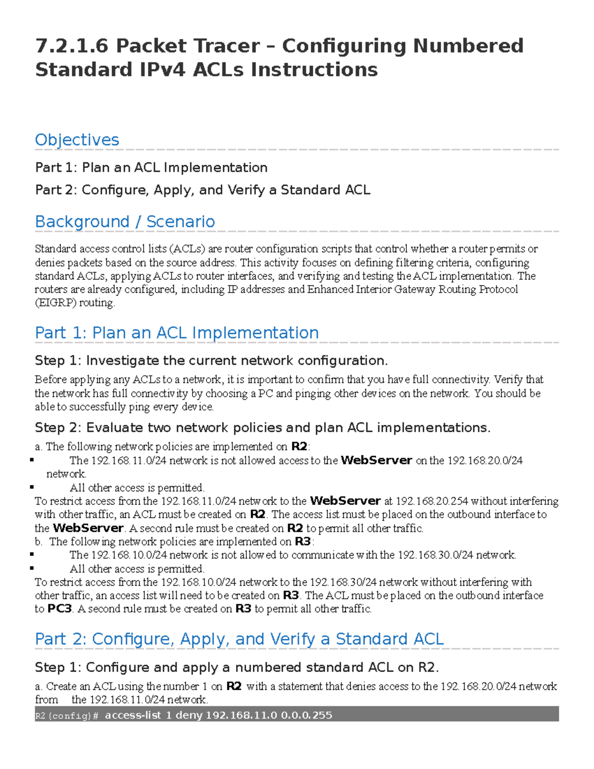 7.2.1.6 Configuring Numbered Standard IPv4 ACLs in Packet Tracer - Studocu