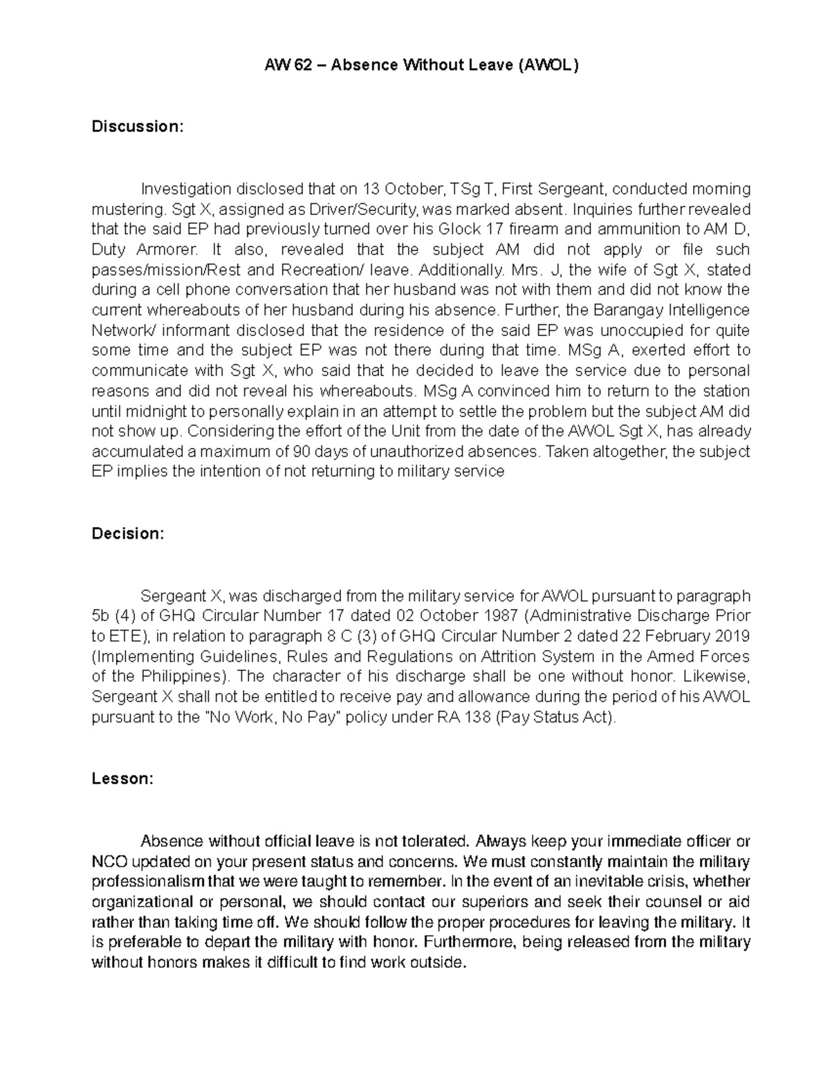 Resolved Disciplinary Cases of OAFPM: AWOL & Drug Misconduct - July ...