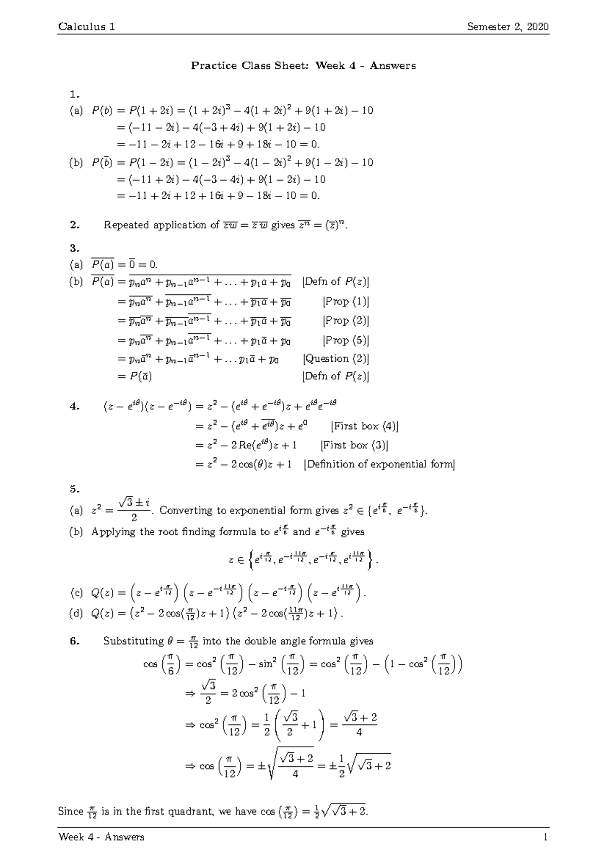 Practical 4 Answers - Calculus 1 Semester 2, 2020 Practice Class Sheet ...