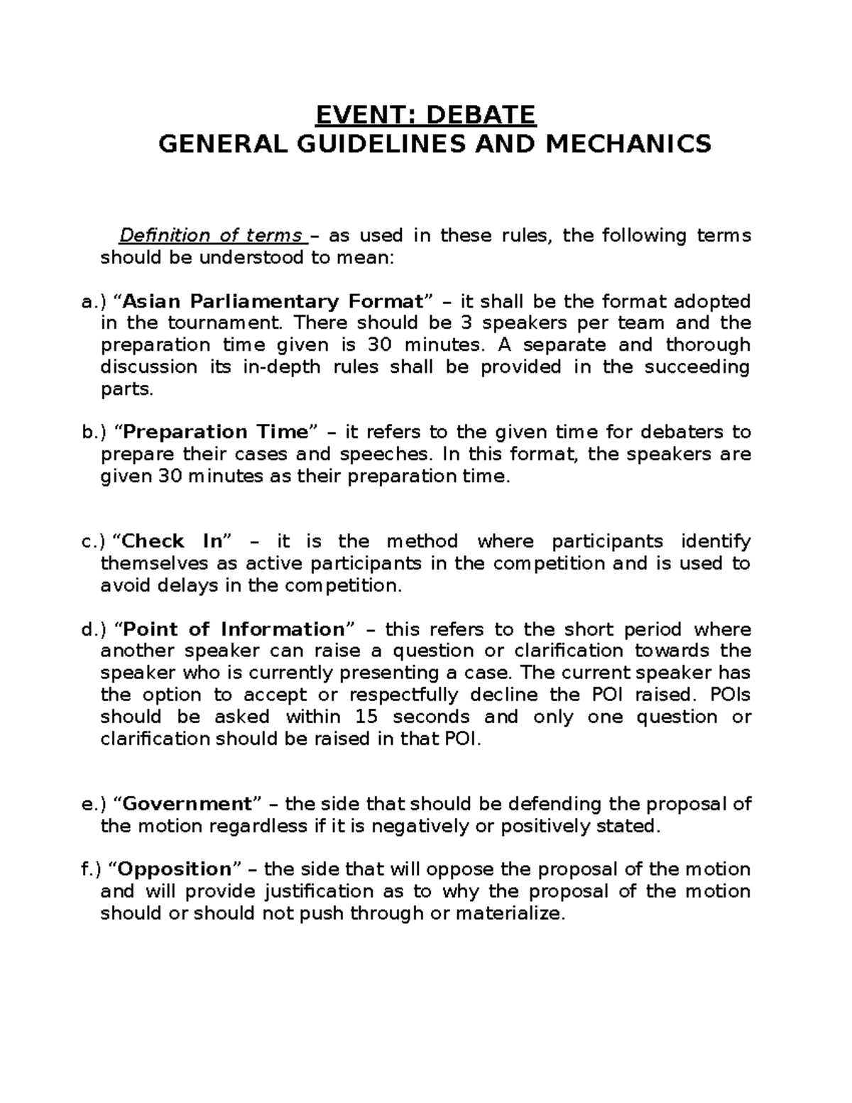 EVENT: ASIAN PARLIAMENTARY DEBATE GUIDELINES AND MECHANICS - Studocu