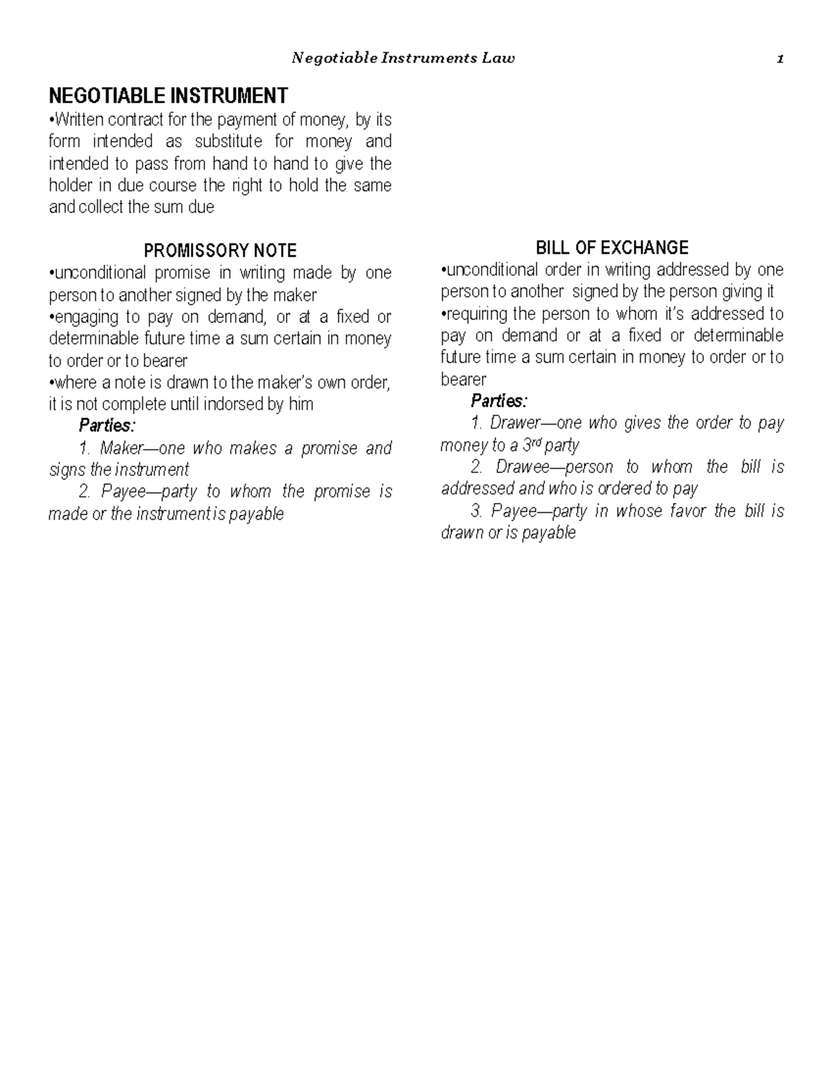 NEGO Finals Reviewer - NEGOTIABLE INSTRUMENT • Written contract for the ...