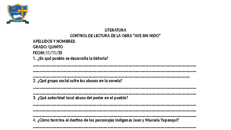 LITERATURA AVE SIN NIDO - PRÁCTICA CALIFICADA GRADO QUINTO - Document Preview