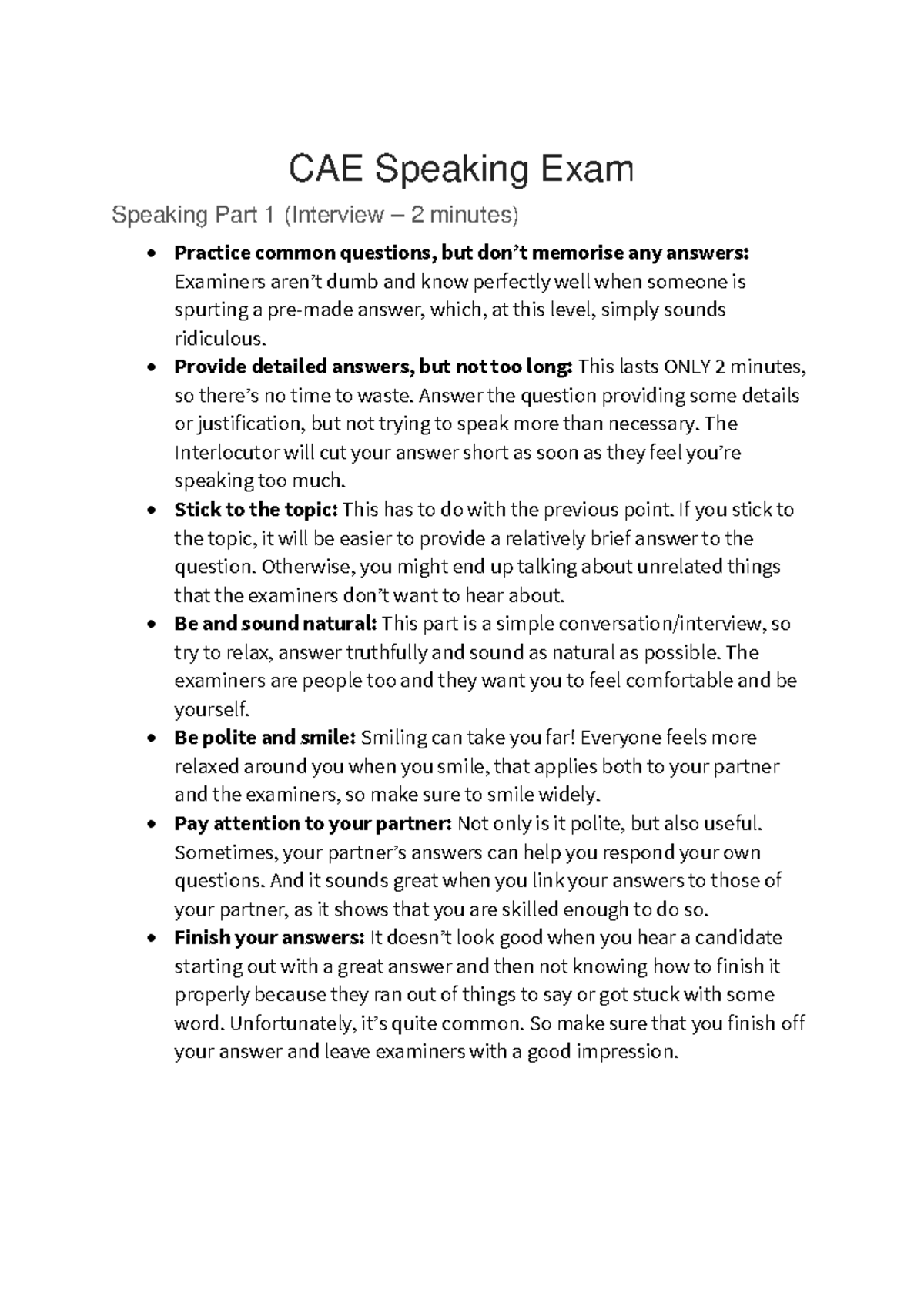 CAE speaking exam handout - CAE Speaking Exam Speaking Part 1 ...