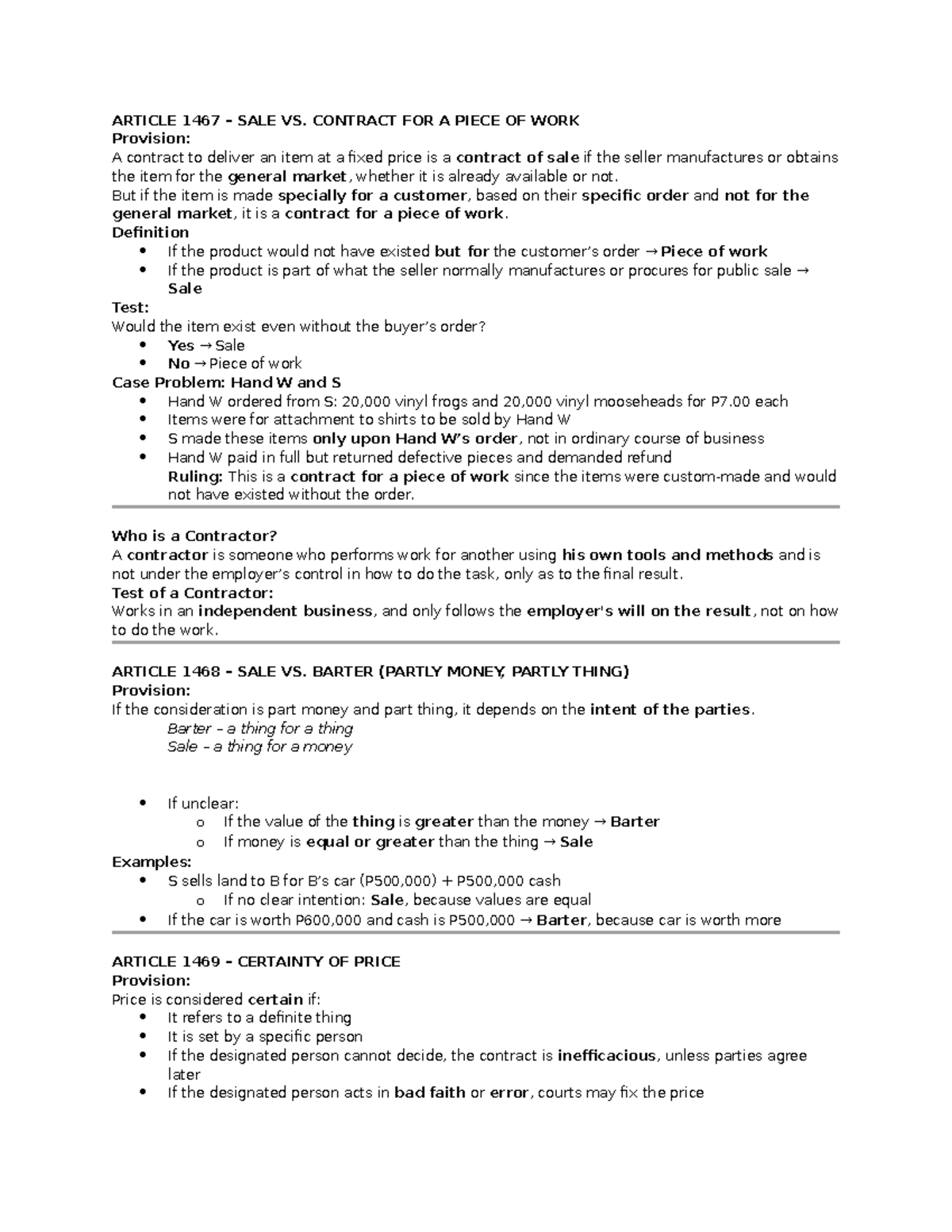 Sale vs. Contract for a Piece of Work: Key Provisions and Case Analysis ...