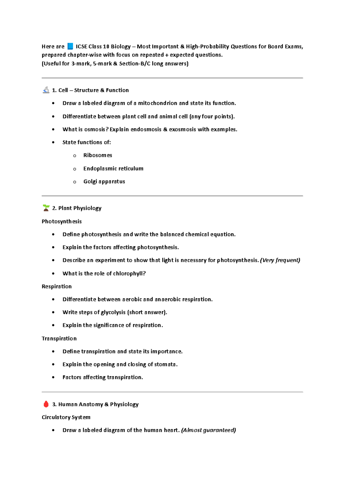ICSE Class 10 Biology: Most Important Questions for Board Exams - Studocu
