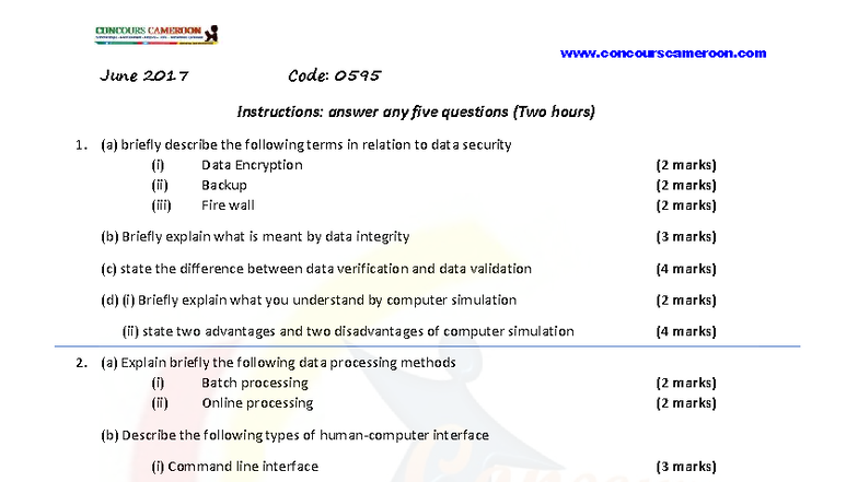 Computer Science O Level June 2017 Exam Code: 0595 Questions and ...