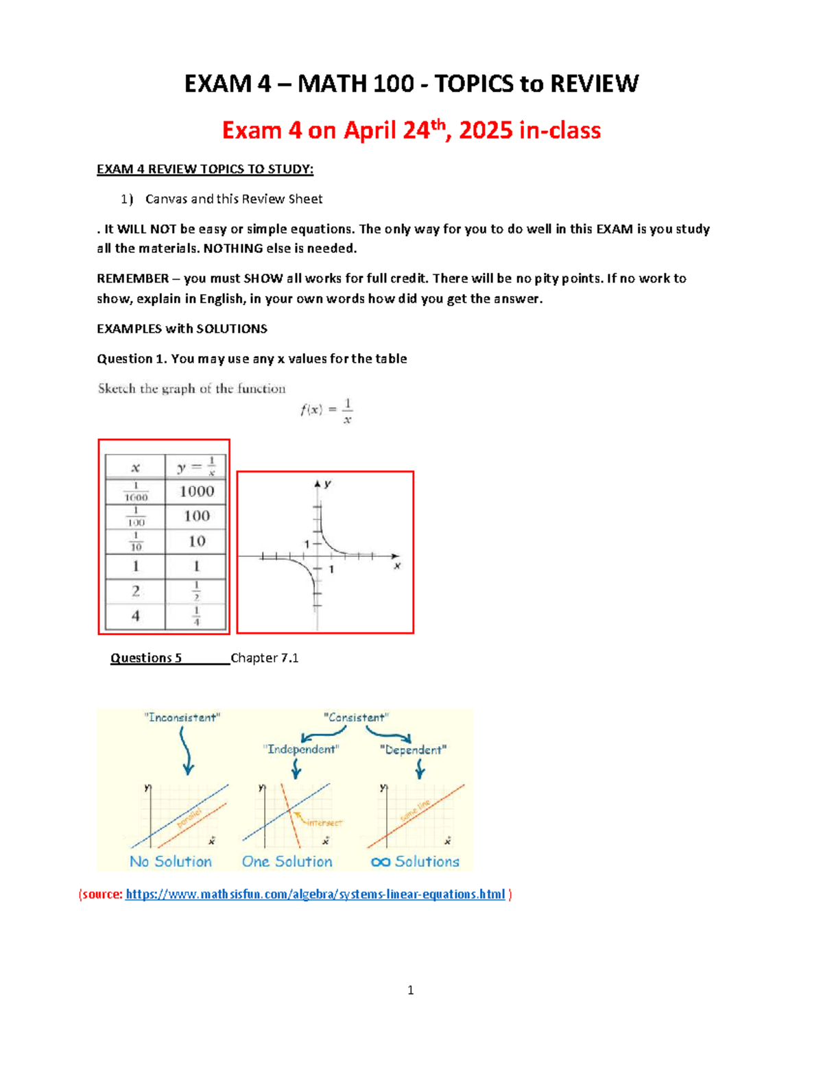 MATH 100 - Exam 4 Review Topics to Study for April 24, 2025 - EXAM 4 ...