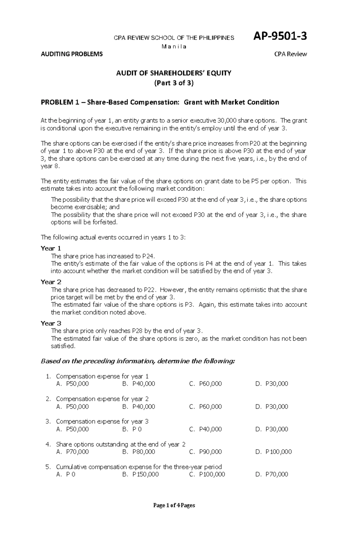 ReSA CPA Review Batch 41 Quizzer: Auditing Problems on Financing Cycle ...