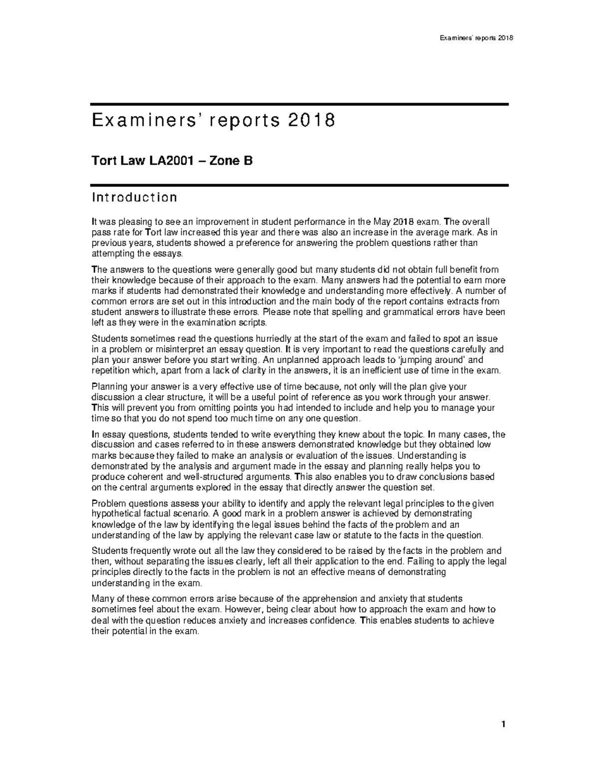 Tort Law LA2001 Zone B - Examiners' Report & Past Paper Analysis 2018 ...
