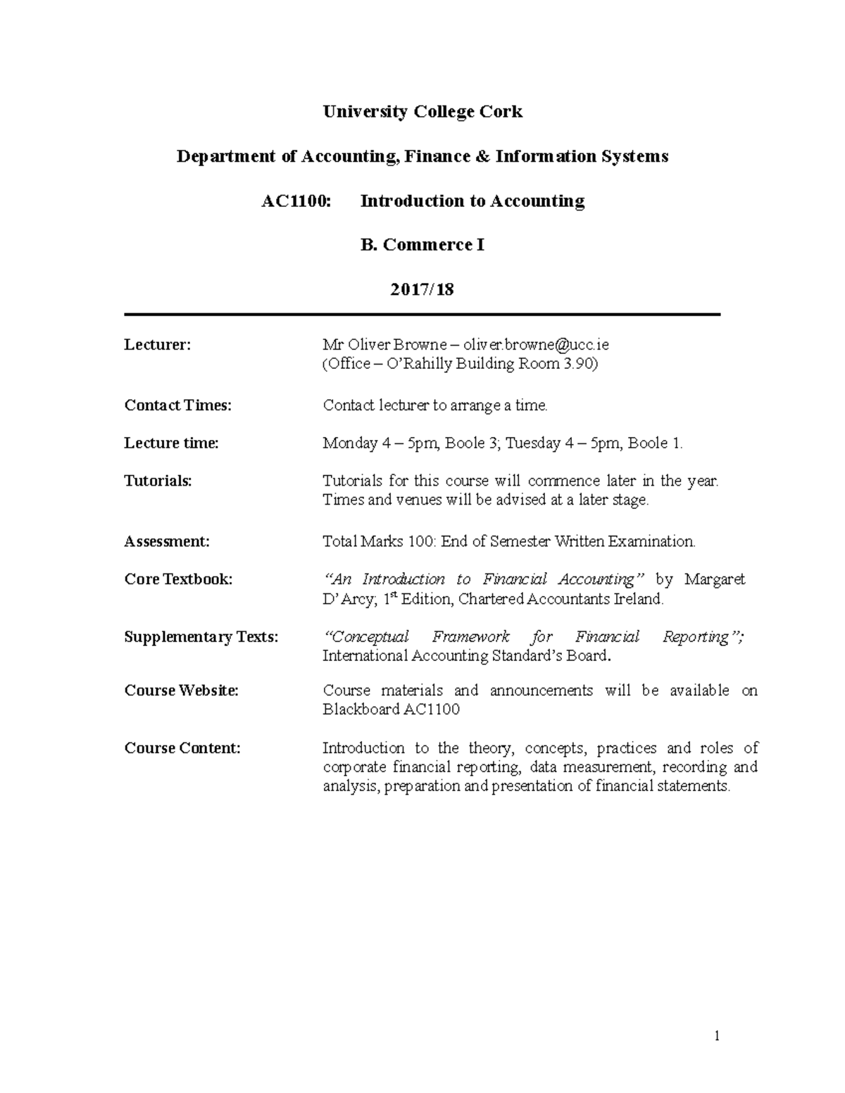 AC1100 Introduction to Accounting Course Outline 2017/18 - Studocu