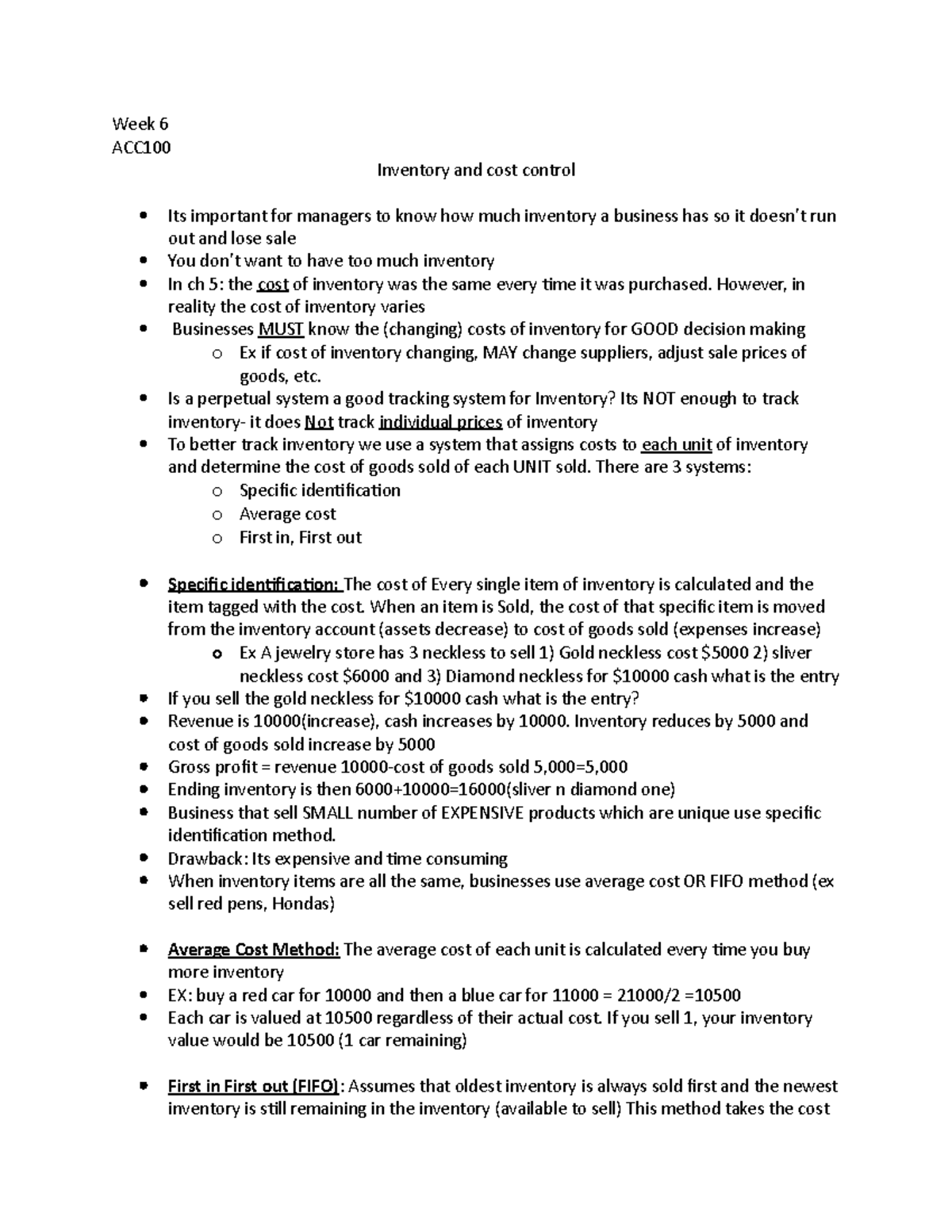 ACC100 Week 6 - Lecture Notes on Inventory & Cost Control Methods - Studocu