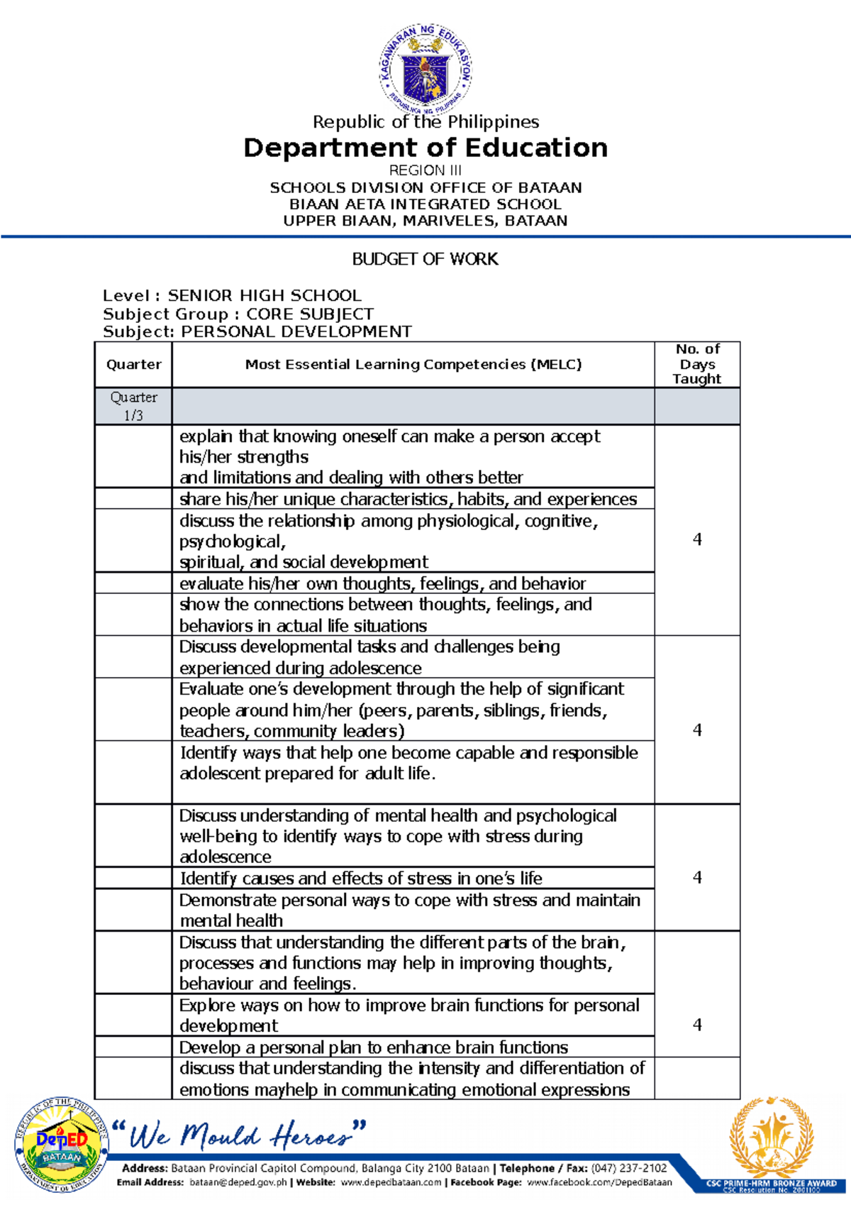Perdev - Budget of Work for Senior High School Students - Studocu