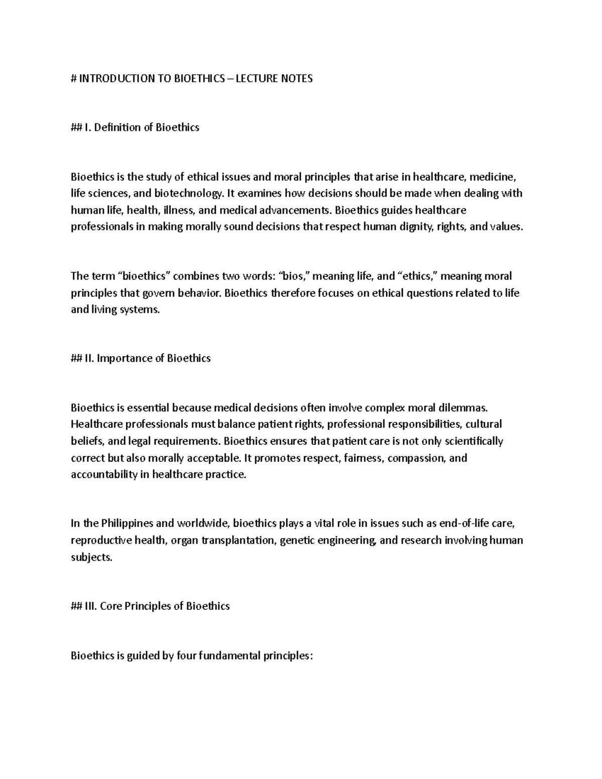 BIOETHICS LECTURE NOTES: CORE PRINCIPLES & IMPORTANCE - Studocu